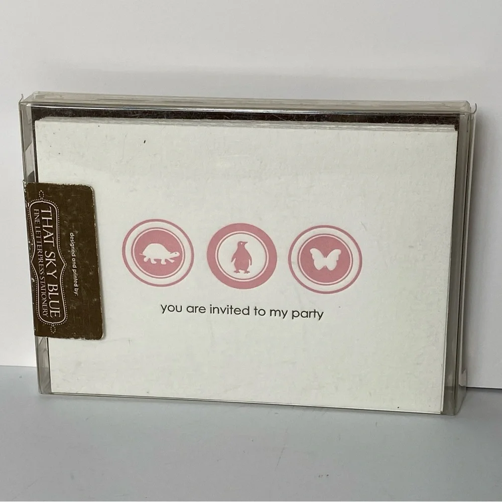 Party Invitations New Set Of 8 Animals NIB Butterfly Penguin Turtle Pink 5” 3.5”